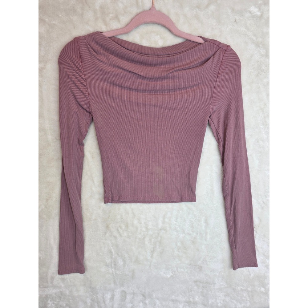 Wild Fable Mauve Pink Ribbed Long‎ Sleeve Cowl Neck Crop Top XS